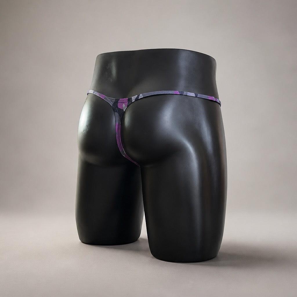 Rear Side View of Purple Recon Muscle Thong purple and charcoal camo thong by PapiMalo Gear
