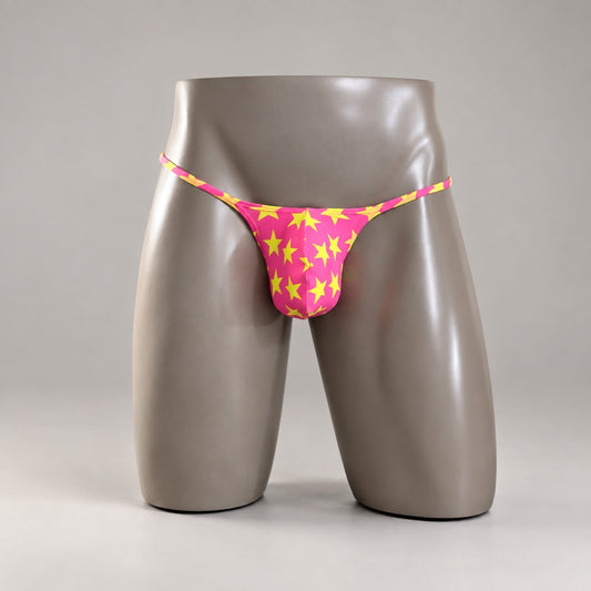 Front View of Popstar Muscle Thong with hot pink and yellow-green stars by PapiMalo Gear