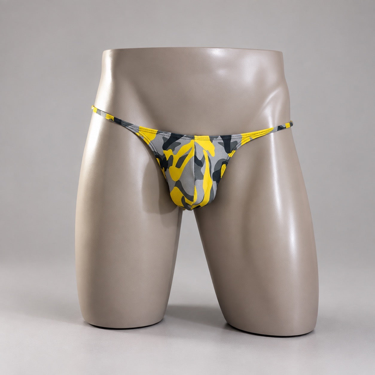 Front view of Golden Recon yellow gray and black camo men's Muscle thong by PapiMalo Gear