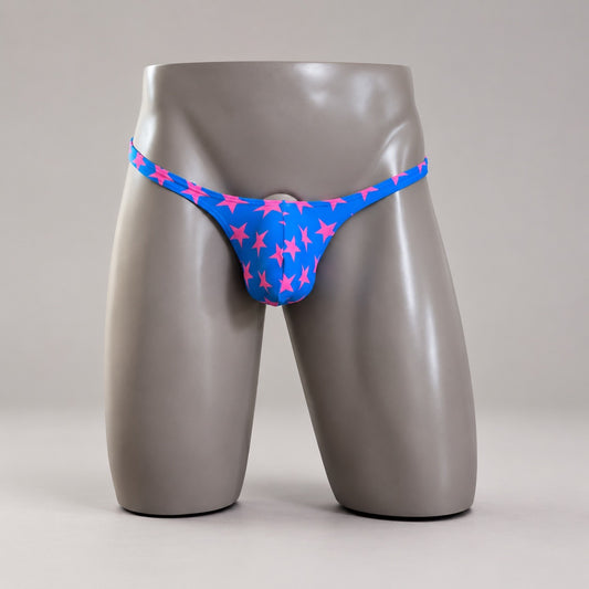 Front View of Electric All-Star Classic Thong blue and pink star men’s thong by PapiMalo Gear