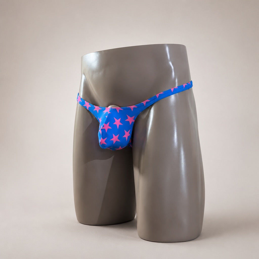 Side View of Electric All-Star Classic Thong blue and pink star men’s thong by PapiMalo Gear