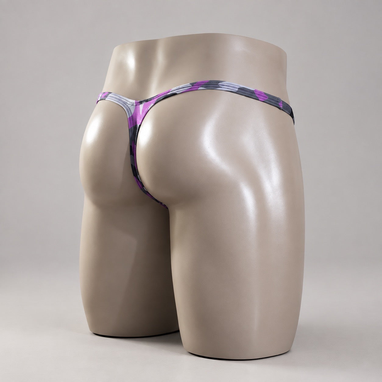 Rear Side View of Purple Recon Classic Thong purple and charcoal camo men’s thong by PapiMalo Gear