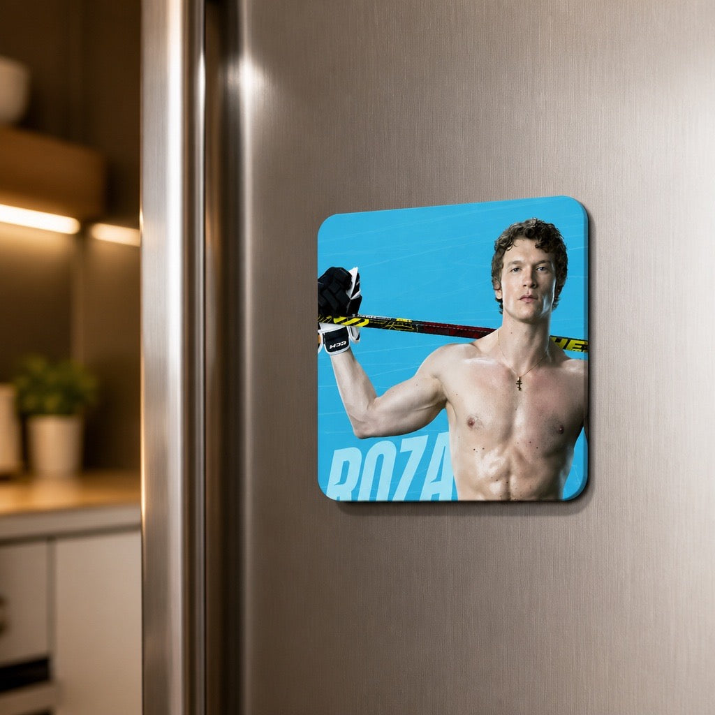 Heated Rivalry inspired square magnet featuring a shirtless image of Rozanov on a refrigerator background