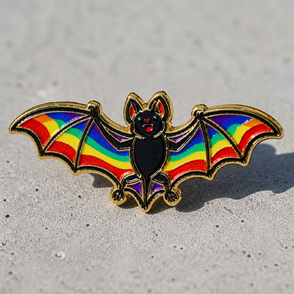 Rainbow Pride bat enamel pin with black body, rainbow-striped wings, and gold-tone details on a concrete surface