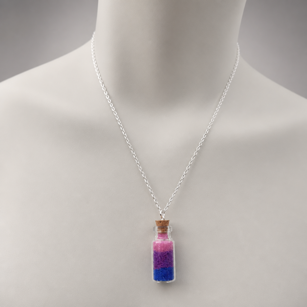 Bisexual Pride Bottle Necklace displayed on a neutral jewelry mannequin to show necklace size and length