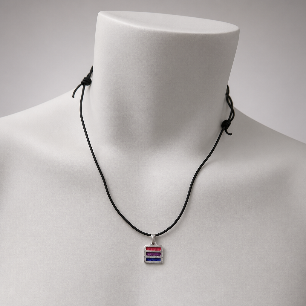Artisan Bisexual Pride Pewter Pendant displayed on a neutral jewelry mannequin to show necklace size and length
