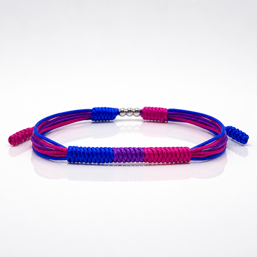 Bisexual Pride braided cord bracelet with adjustable closure in pink purple and blue pride colors 