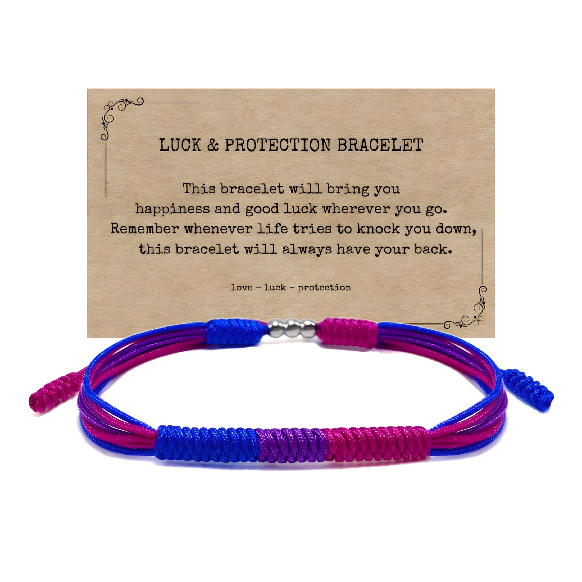 Bisexual Pride braided cord bracelet with adjustable closure in pink purple and blue pride colors with keepsake card