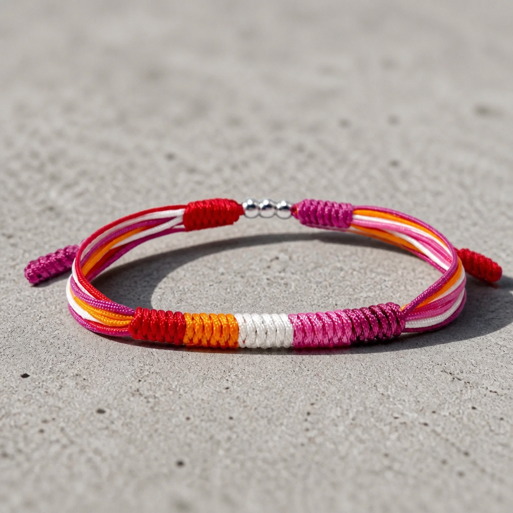 Lesbian Pride braided cord bracelet with adjustable closure in pink white orange and red pride colors on a concrete surface