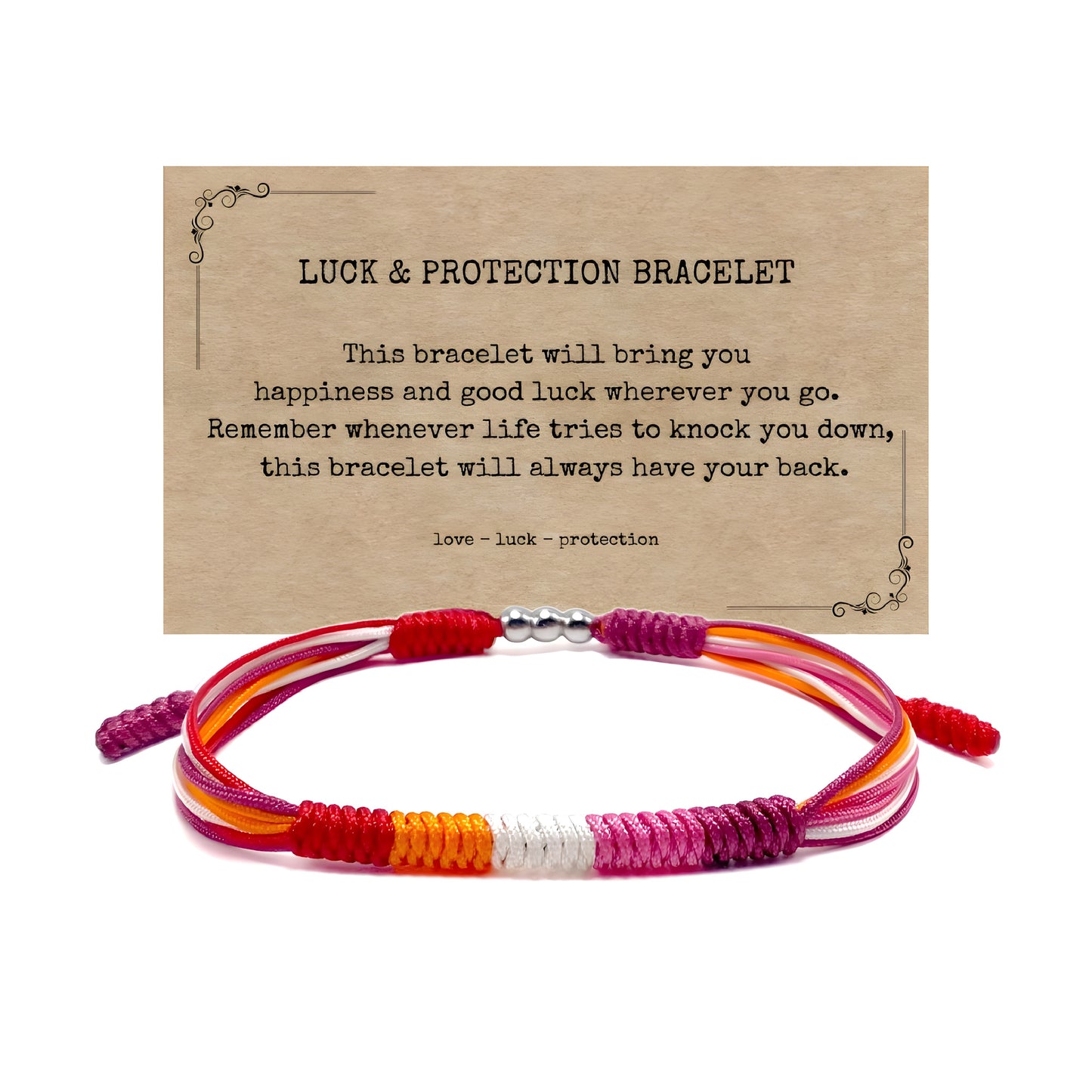 Lesbian Pride braided cord bracelet with adjustable closure in pink white orange and red pride colors with keepsake card