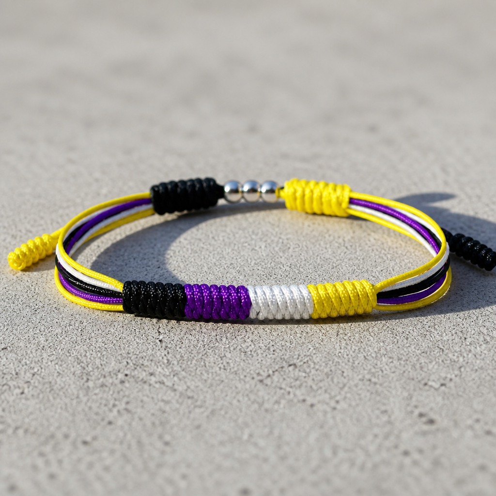Nonbinary Pride braided cord bracelet with adjustable closure in yellow white purple and black pride colors on a concrete surface