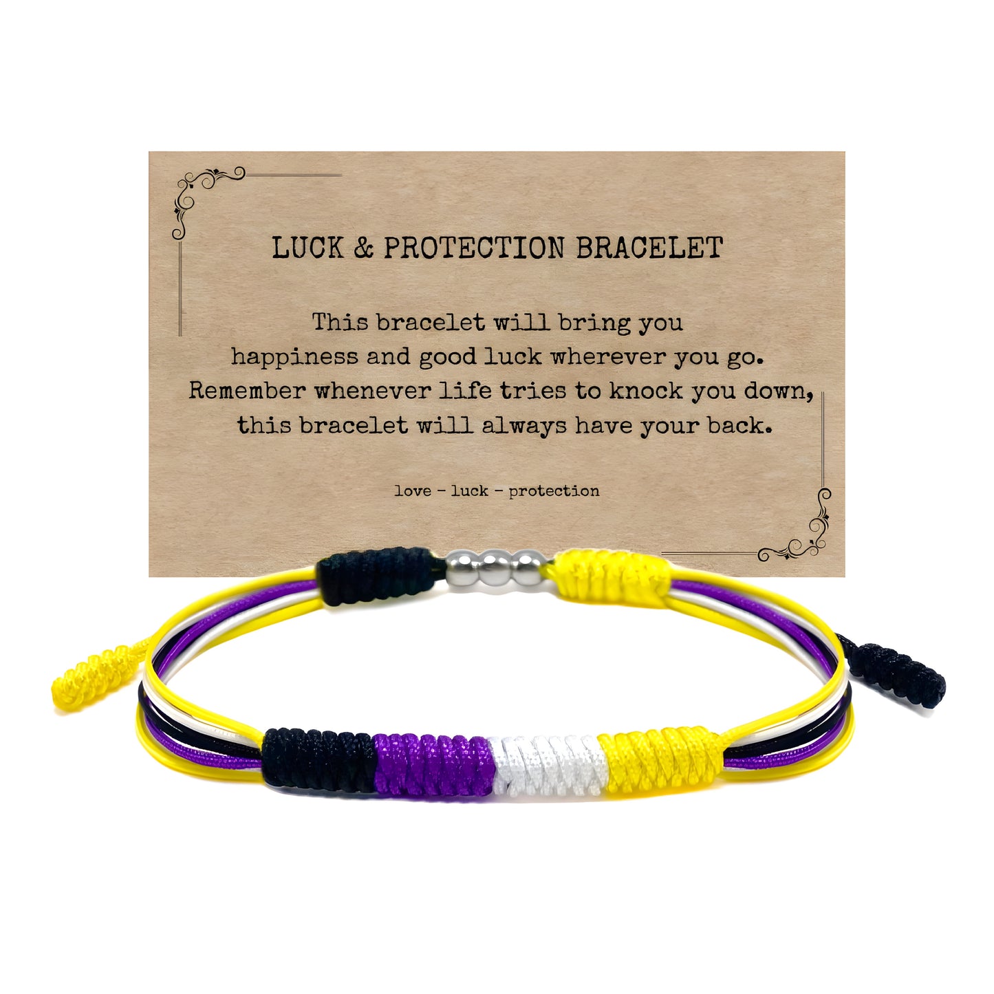 Nonbinary Pride braided cord bracelet with adjustable closure in yellow white purple and black pride colors with keepsake card