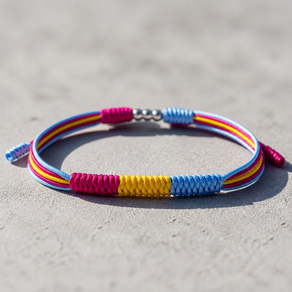 Pansexual Pride braided cord bracelet with adjustable closure in pink yellow and blue pride colors on a concrete surface