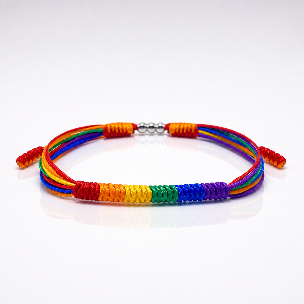 Rainbow Pride braided cord bracelet with adjustable closure and six-color rainbow design
