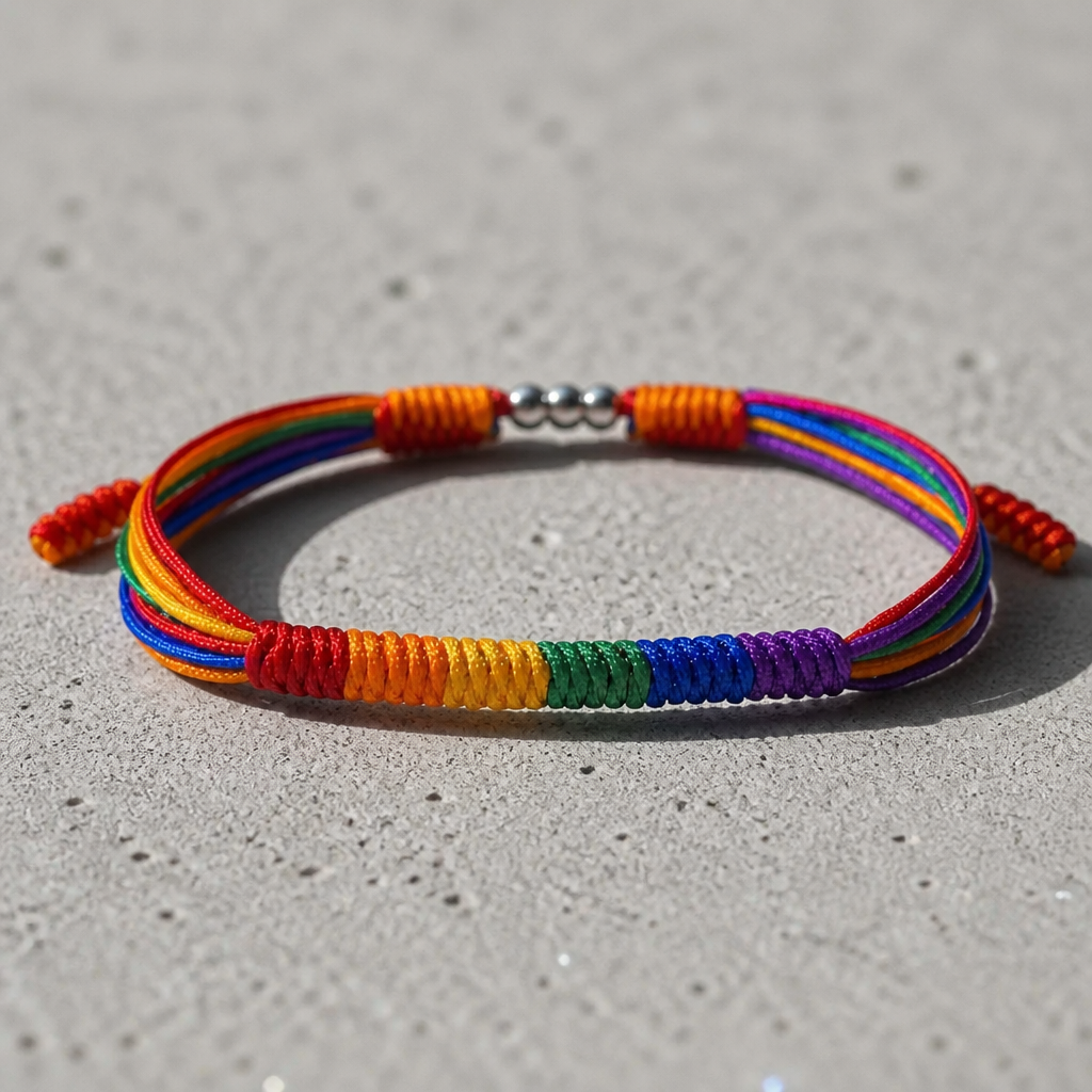 Rainbow Pride braided cord bracelet with adjustable closure and six-color rainbow design