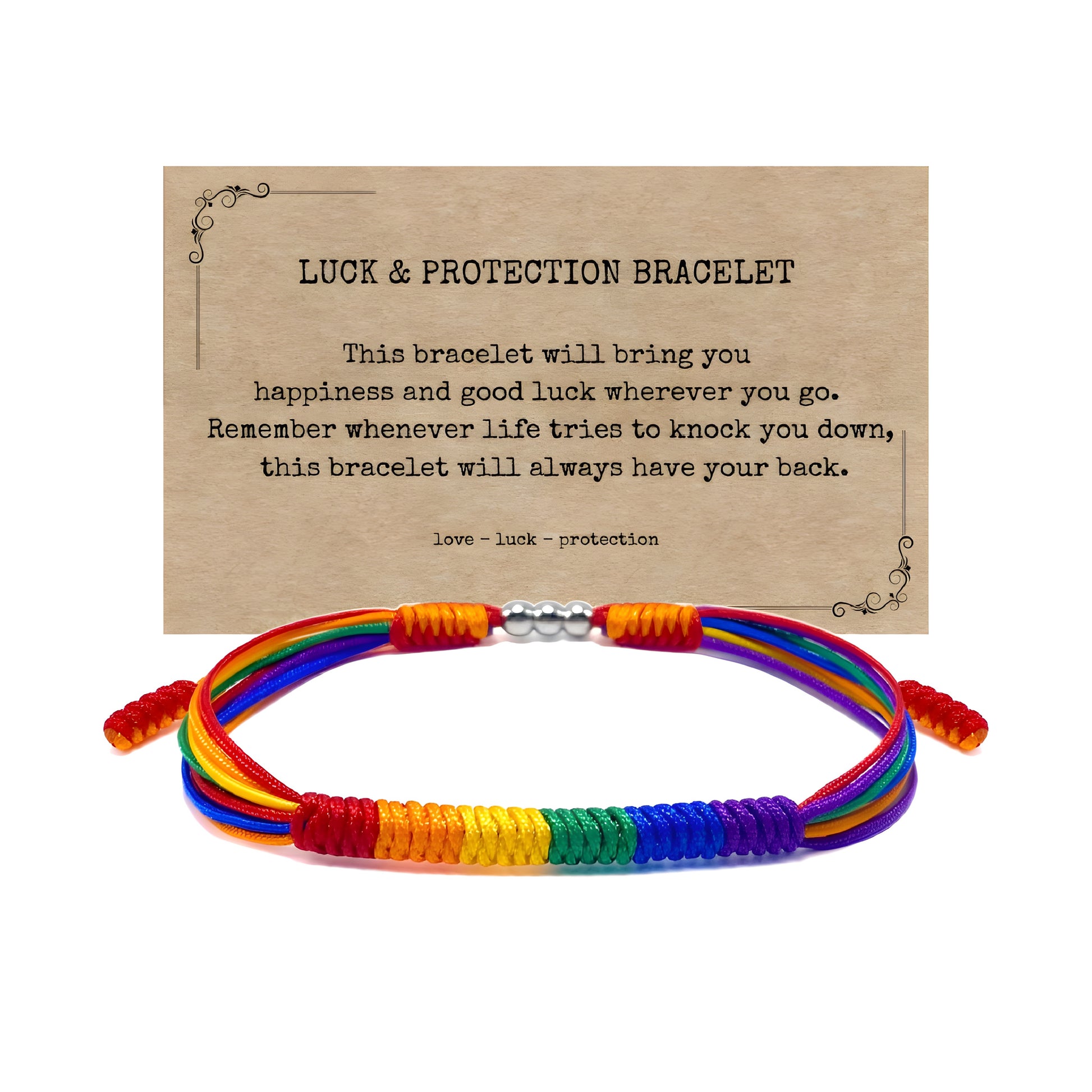 Rainbow Pride braided cord bracelet with adjustable closure and six-color rainbow design including keepsake card