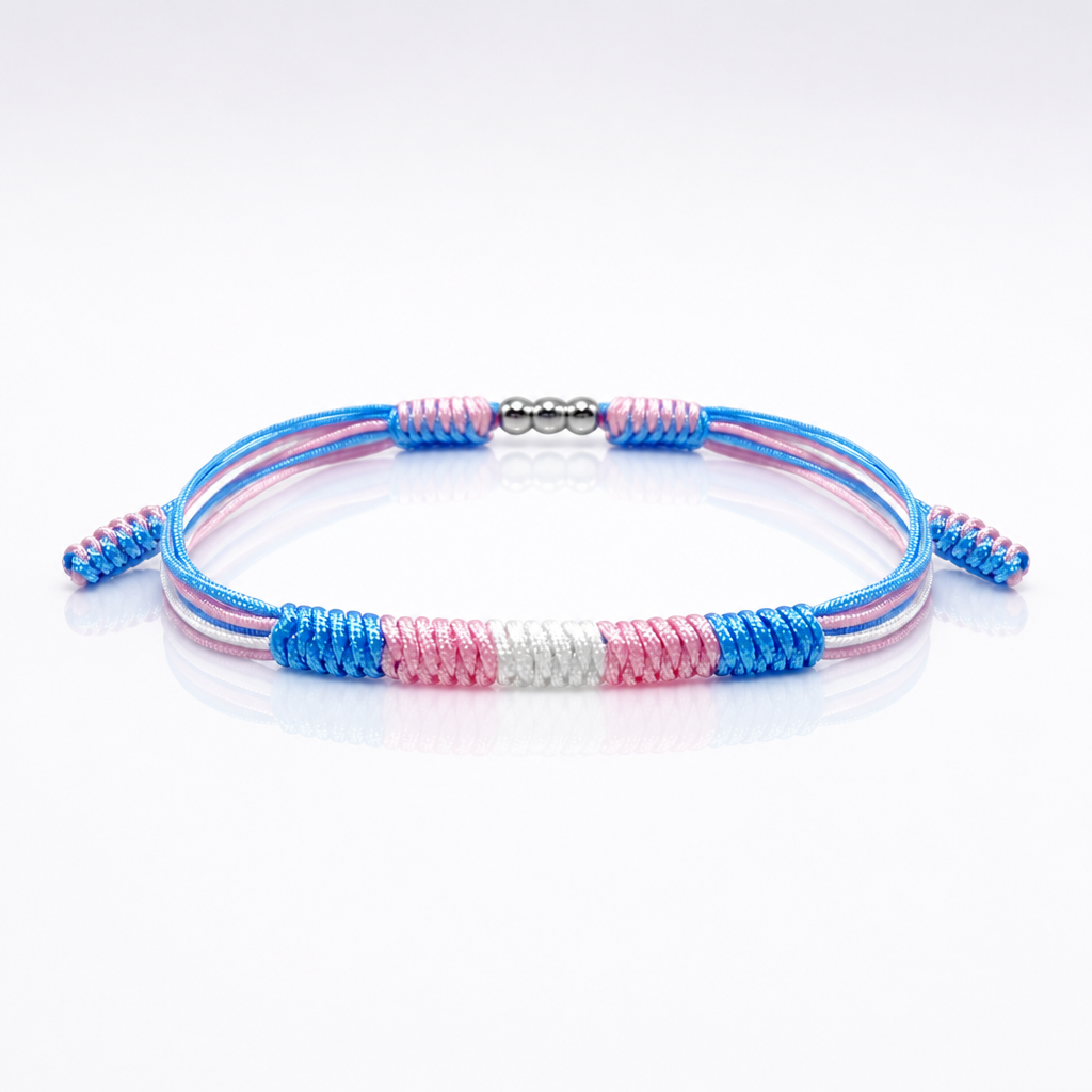 Transgender Pride braided cord bracelet with adjustable closure in pink blue and white flag colors 