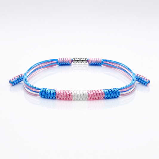 Transgender Pride braided cord bracelet with adjustable closure in pink blue and white flag colors 