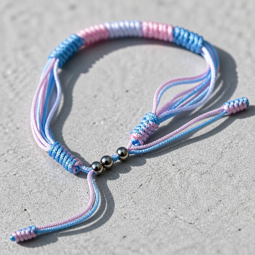 Transgender Pride braided cord bracelet with adjustable closure in pink blue and white flag colors 