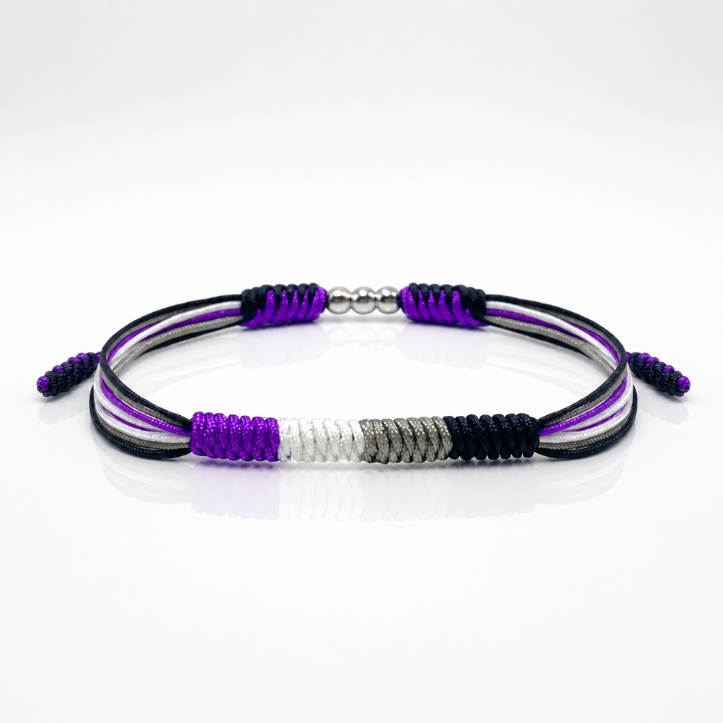 Ace Pride braided cord bracelet featuring black, gray, white, and purple Asexual Pride flag colors with adjustable closure.