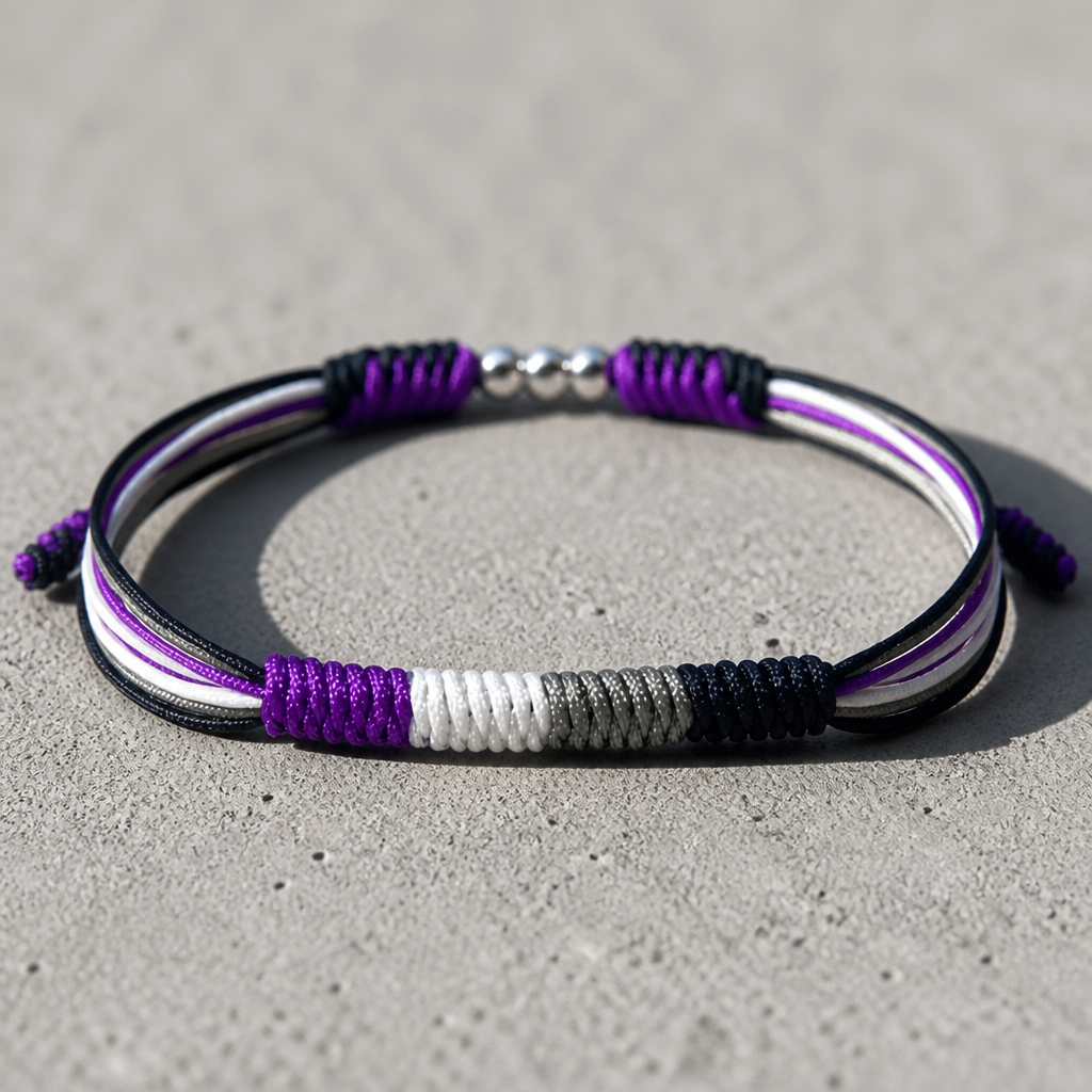 Ace Pride braided cord bracelet featuring black, gray, white, and purple Asexual Pride flag colors with adjustable closure 