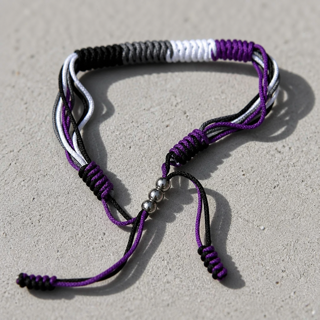 Ace Pride braided cord bracelet featuring black, gray, white, and purple Asexual Pride flag colors with adjustable closure 