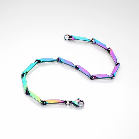 Holographic stainless steel link bracelet with iridescent rainbow finish and geometric design