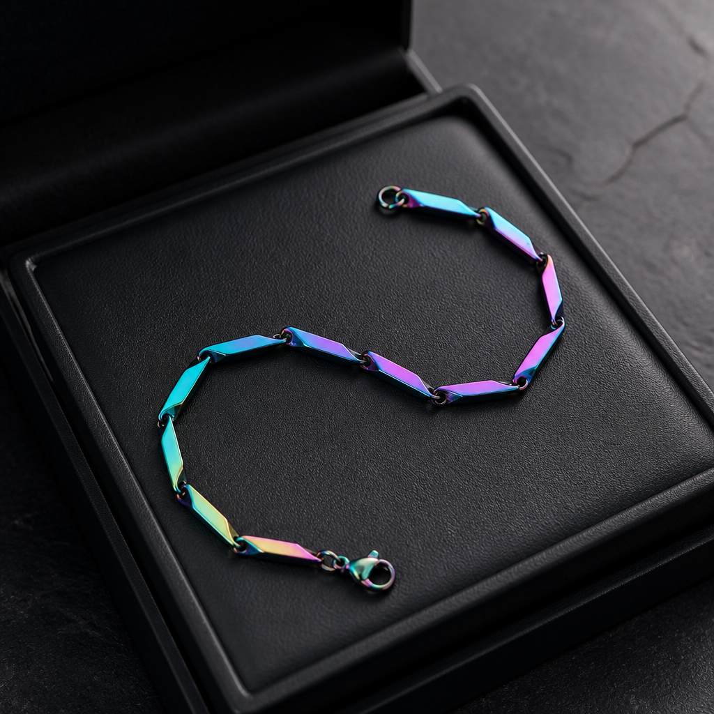Holographic stainless steel link bracelet with iridescent rainbow finish and geometric design on a black jewelry box