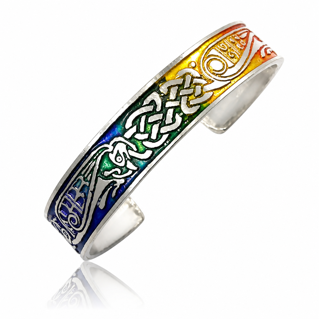 Handcrafted Celtic Guardian Rainbow cuff bracelet featuring intricate Celtic knotwork and vibrant rainbow artisan coloring