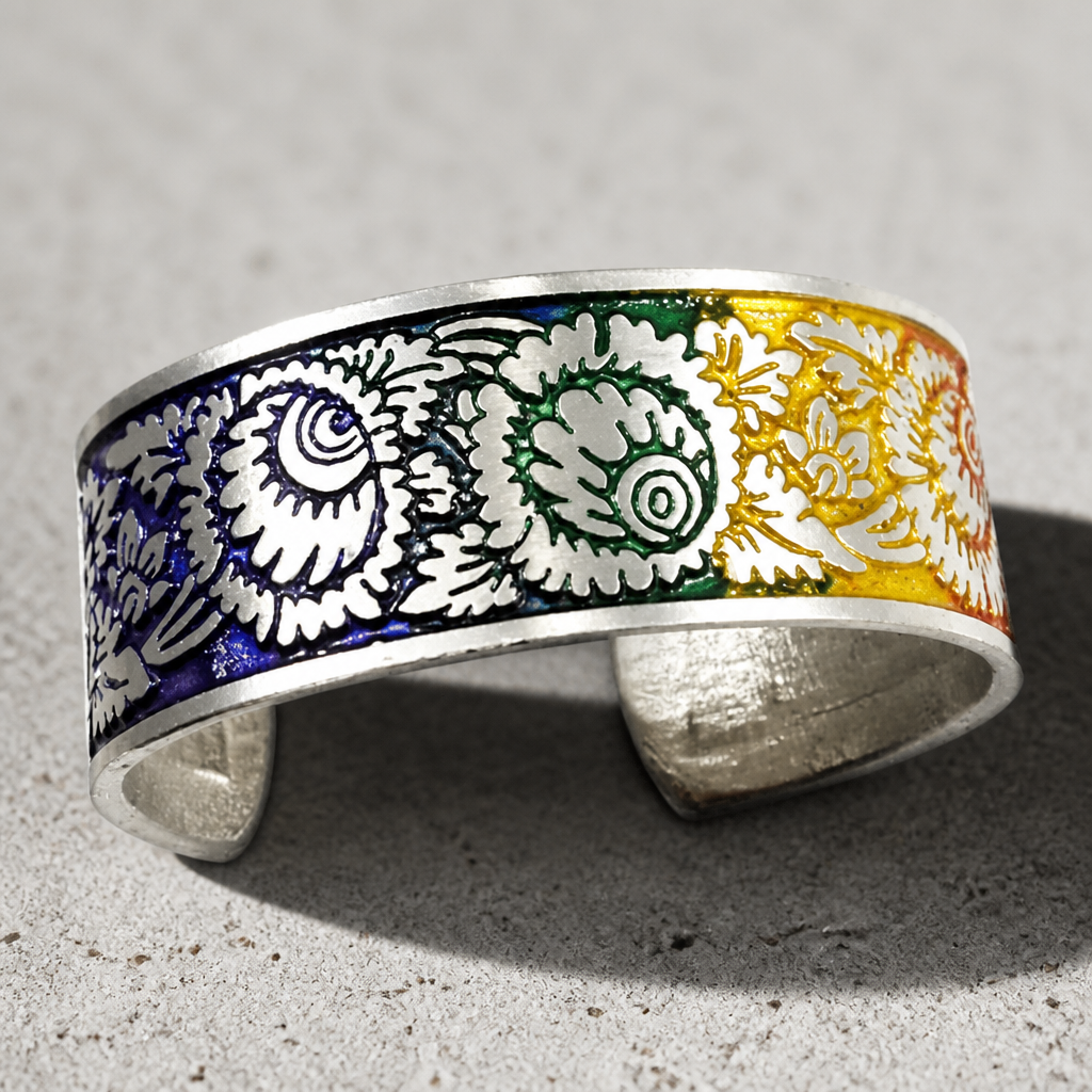 Handcrafted Victorian Rainbow Garden cuff bracelet with intricate floral artwork and vibrant rainbow artisan coloring on a concrete surface