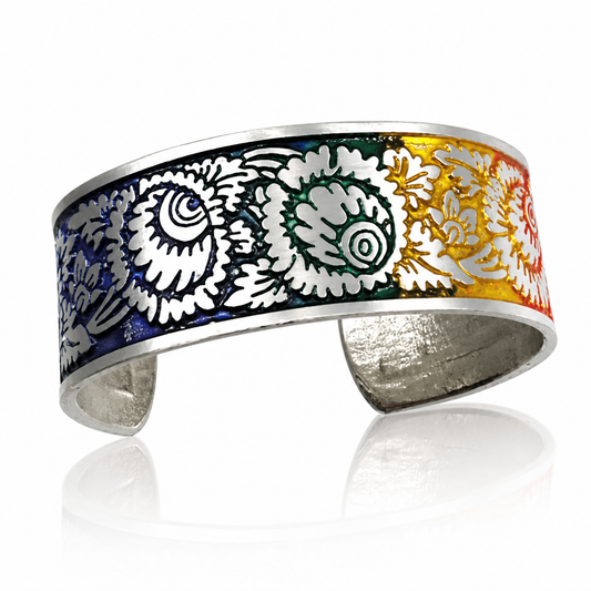 Handcrafted Victorian Rainbow Garden cuff bracelet with intricate floral artwork and vibrant rainbow artisan coloring
