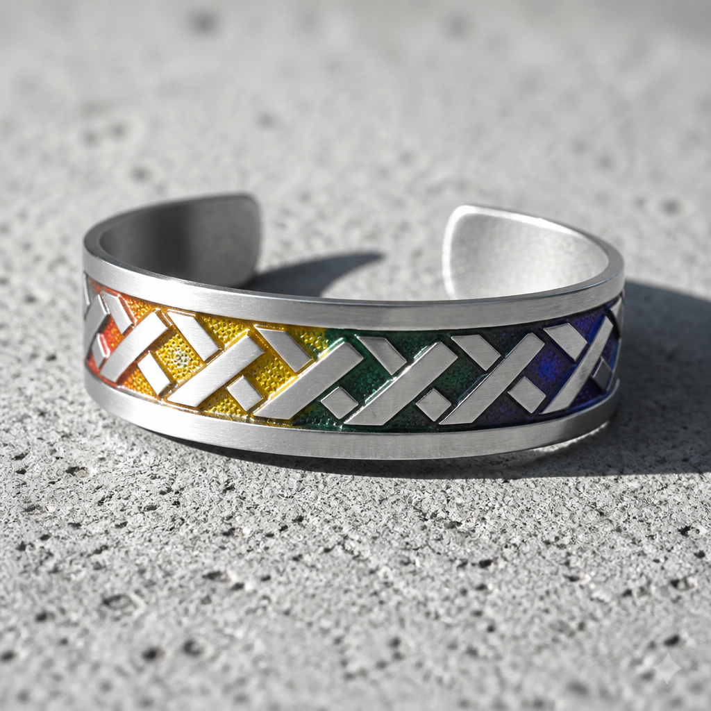 Handcrafted Celtic Weave Rainbow cuff bracelet featuring elegant woven Celtic knotwork with vibrant rainbow artisan coloring on a cement surface