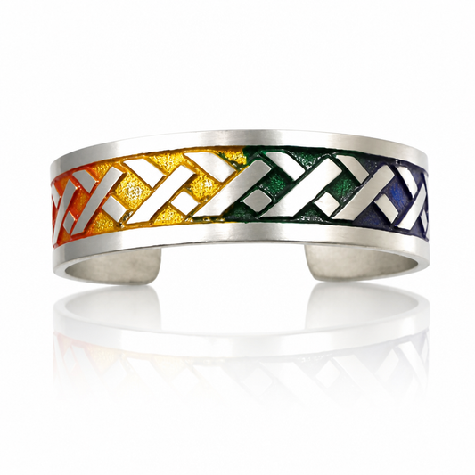 Handcrafted Celtic Weave Rainbow cuff bracelet featuring elegant woven Celtic knotwork with vibrant rainbow artisan coloring
