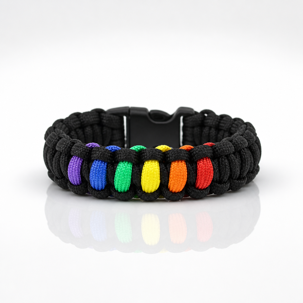 Black woven rainbow paracord bracelet with buckle closure and colorful Pride stripe accents
