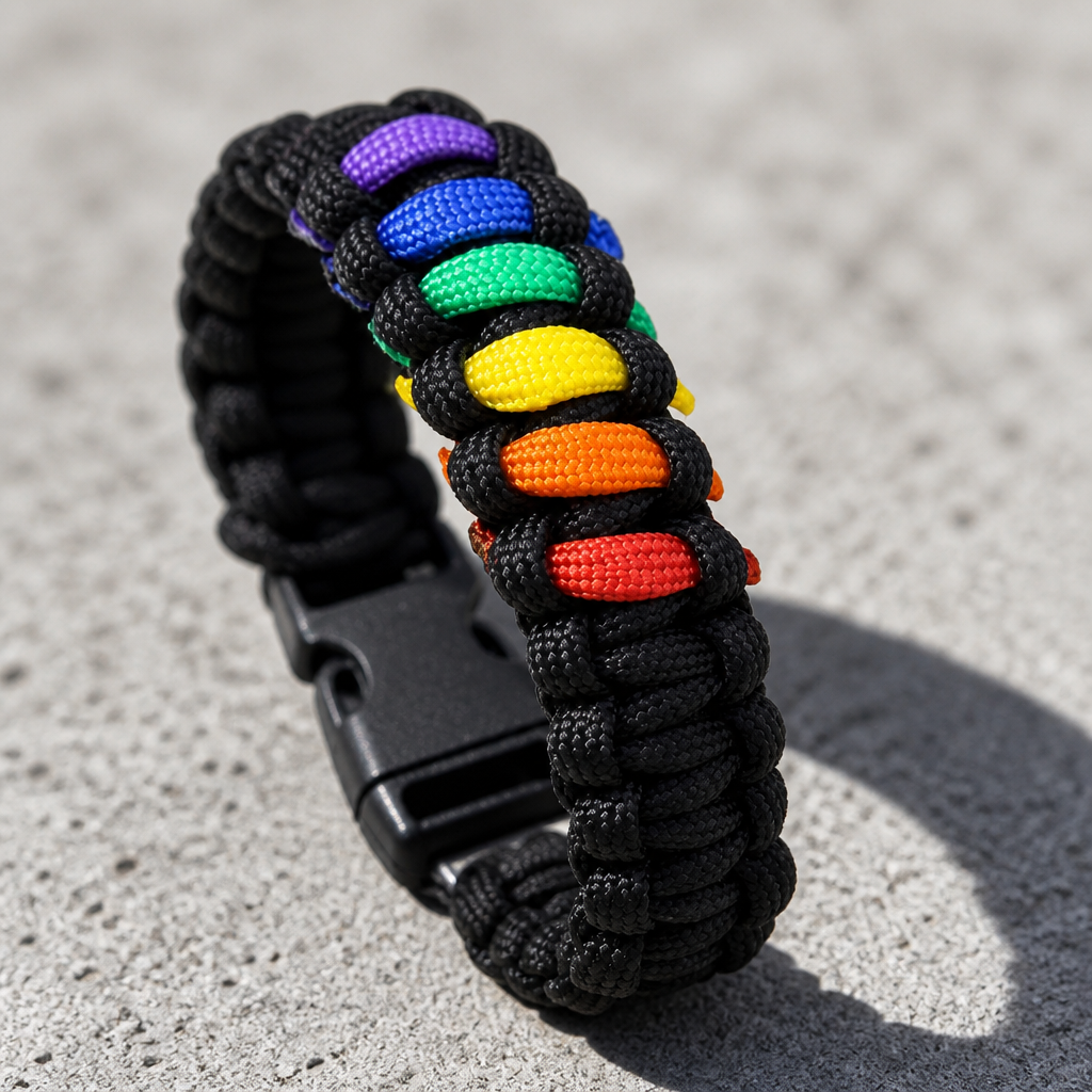 Black woven rainbow paracord bracelet with buckle closure and colorful Pride stripe accents on a concrete background