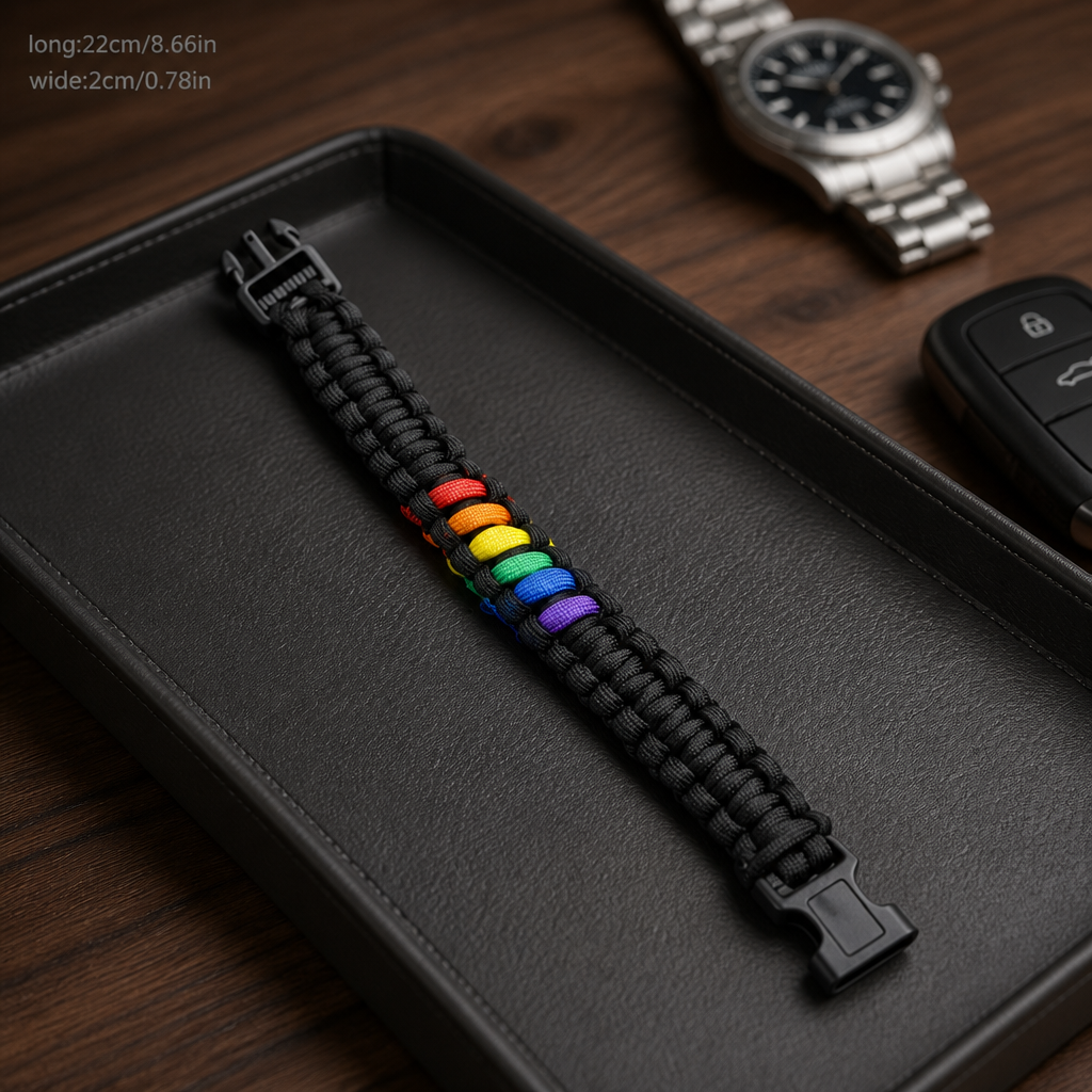 Black woven rainbow paracord bracelet with buckle closure and colorful Pride stripe accents on a black tray