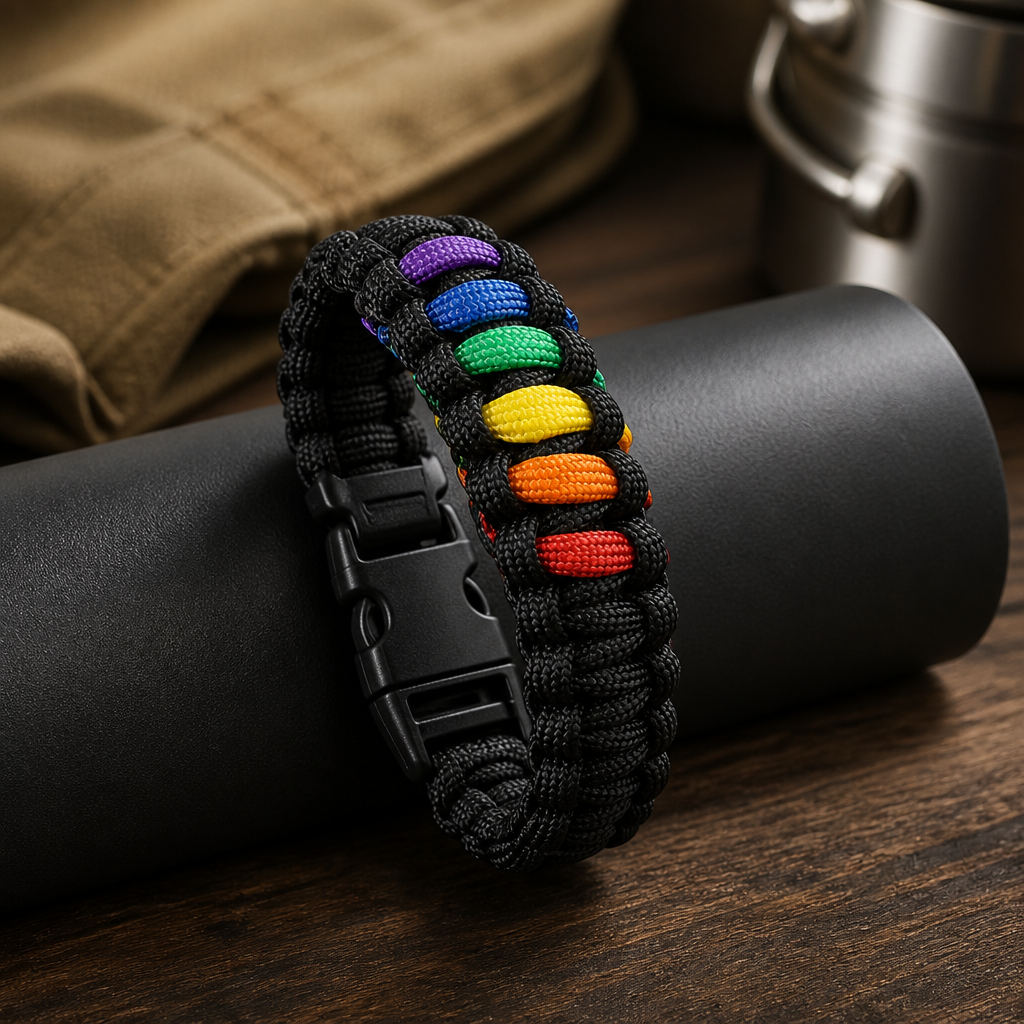Black woven rainbow paracord bracelet with buckle closure and colorful Pride stripe accents on a desk