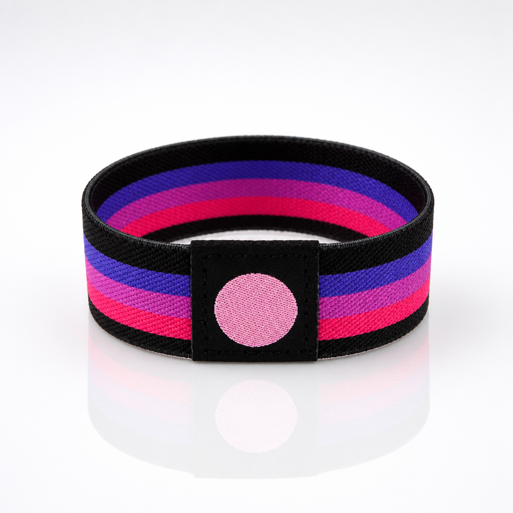 Autism Awareness elastic wristband featuring pink purple blue stripes and awareness symbol