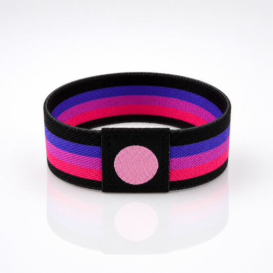 Autism Awareness elastic wristband featuring pink purple blue stripes and awareness symbol