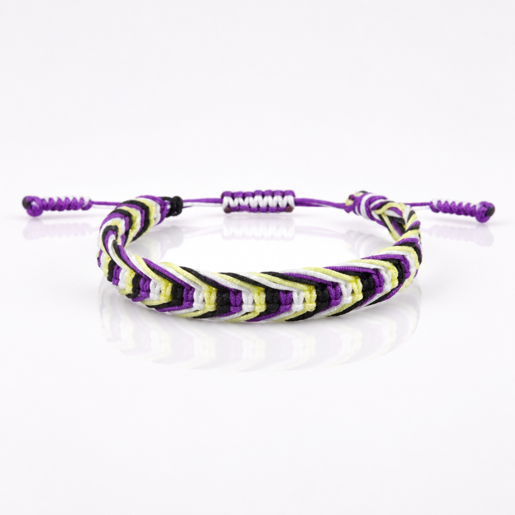 Nonbinary Pride woven cord bracelet with adjustable sliding knot closure in yellow white purple and black pride colors