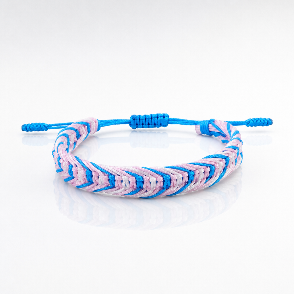 Trans Pride woven cord bracelet with adjustable string tie and pink blue white transgender pride colors