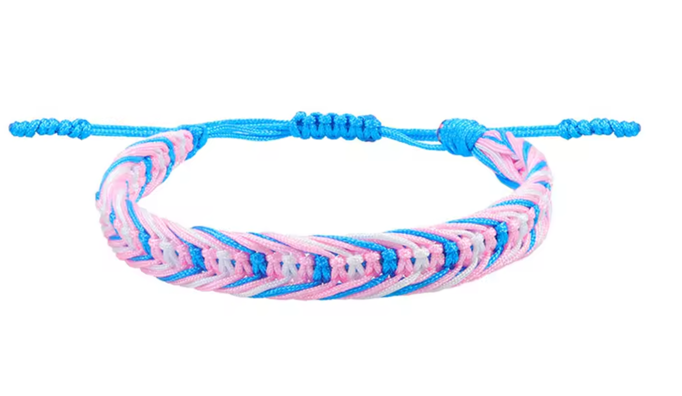 Trans Pride woven cord bracelet featuring pink blue and white braided transgender pride colors with adjustable closure