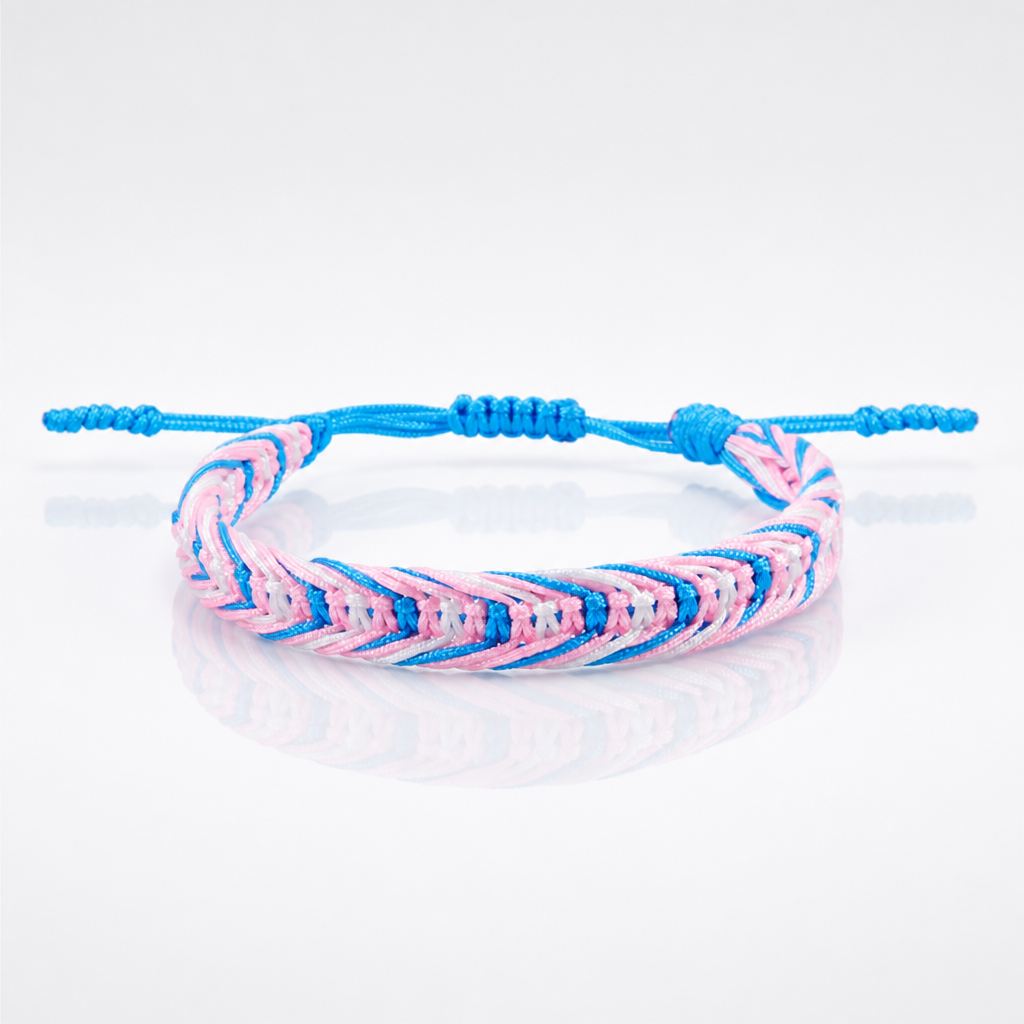 Trans Pride woven cord bracelet featuring pink blue and white braided transgender pride colors with adjustable closure
