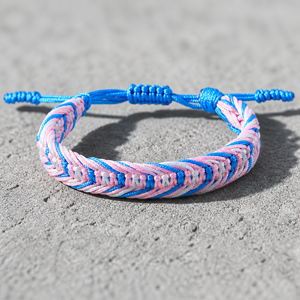 Trans Pride woven cord bracelet featuring pink blue and white braided transgender pride colors with adjustable closure on a concrete surface