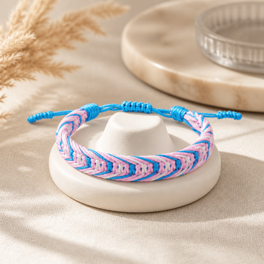 Trans Pride woven cord bracelet featuring pink blue and white braided transgender pride colors with adjustable closure