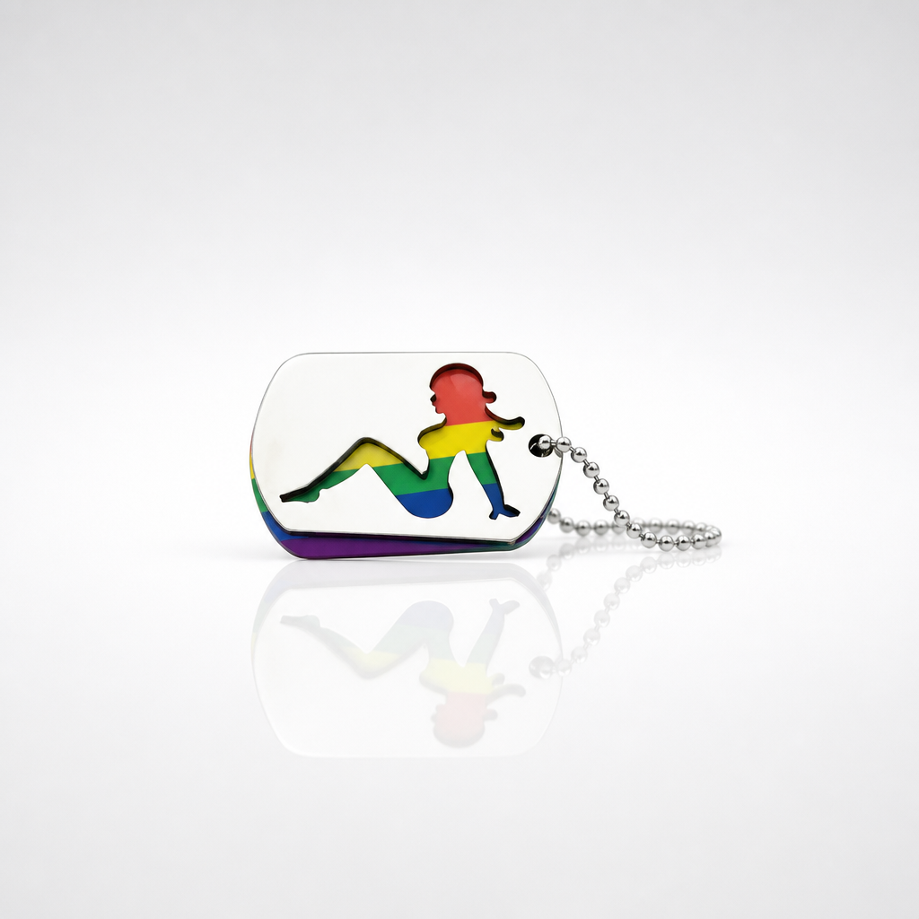 Rainbow Hot Chick pendant necklace with colorful LGBTQ-inspired graphic artwork and ball chain