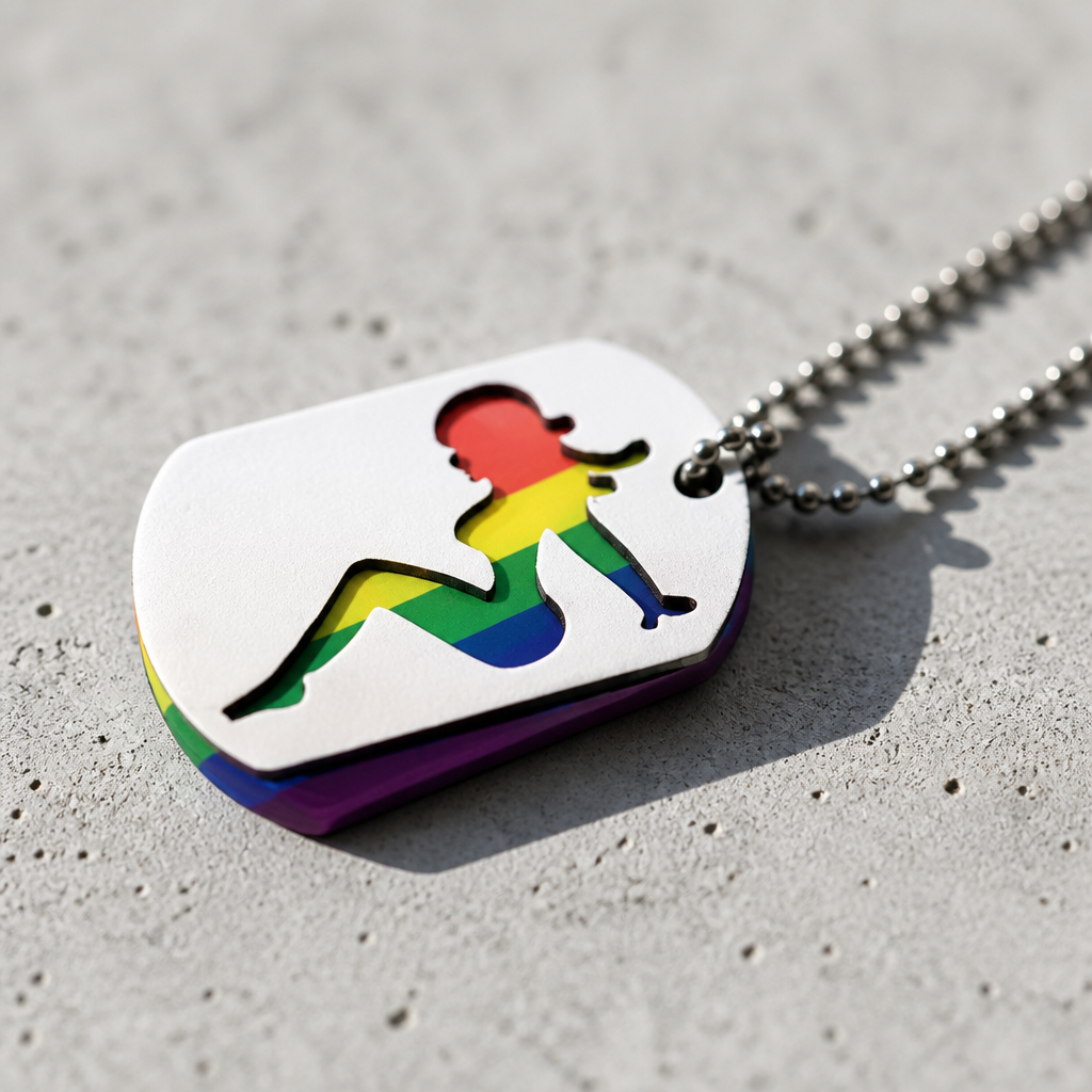 Rainbow Hot Chick pendant necklace with colorful LGBTQ-inspired graphic artwork and ball chain on a concrete surface