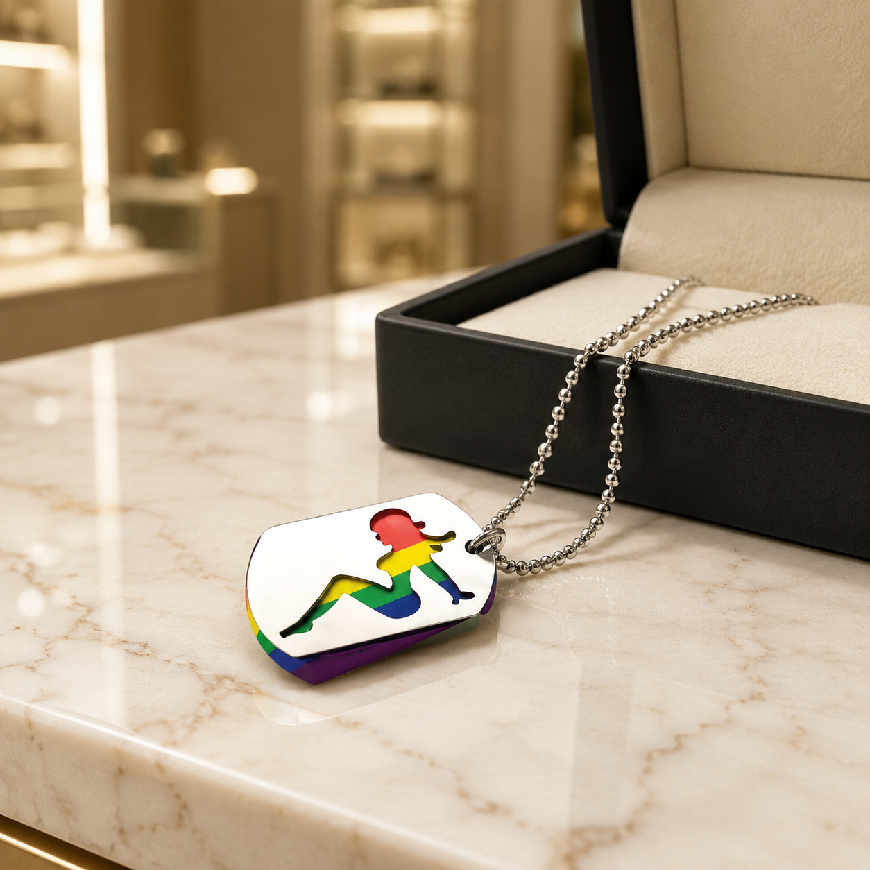Rainbow Hot Chick pendant necklace with colorful LGBTQ-inspired graphic artwork and ball chain on a marble surface