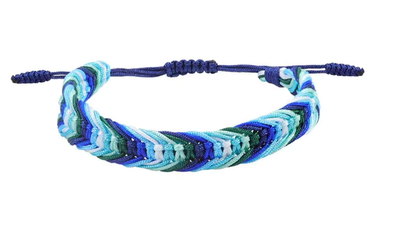 MLM Pride woven cord bracelet featuring blue teal green and white Men Loving Men pride colors with adjustable closure