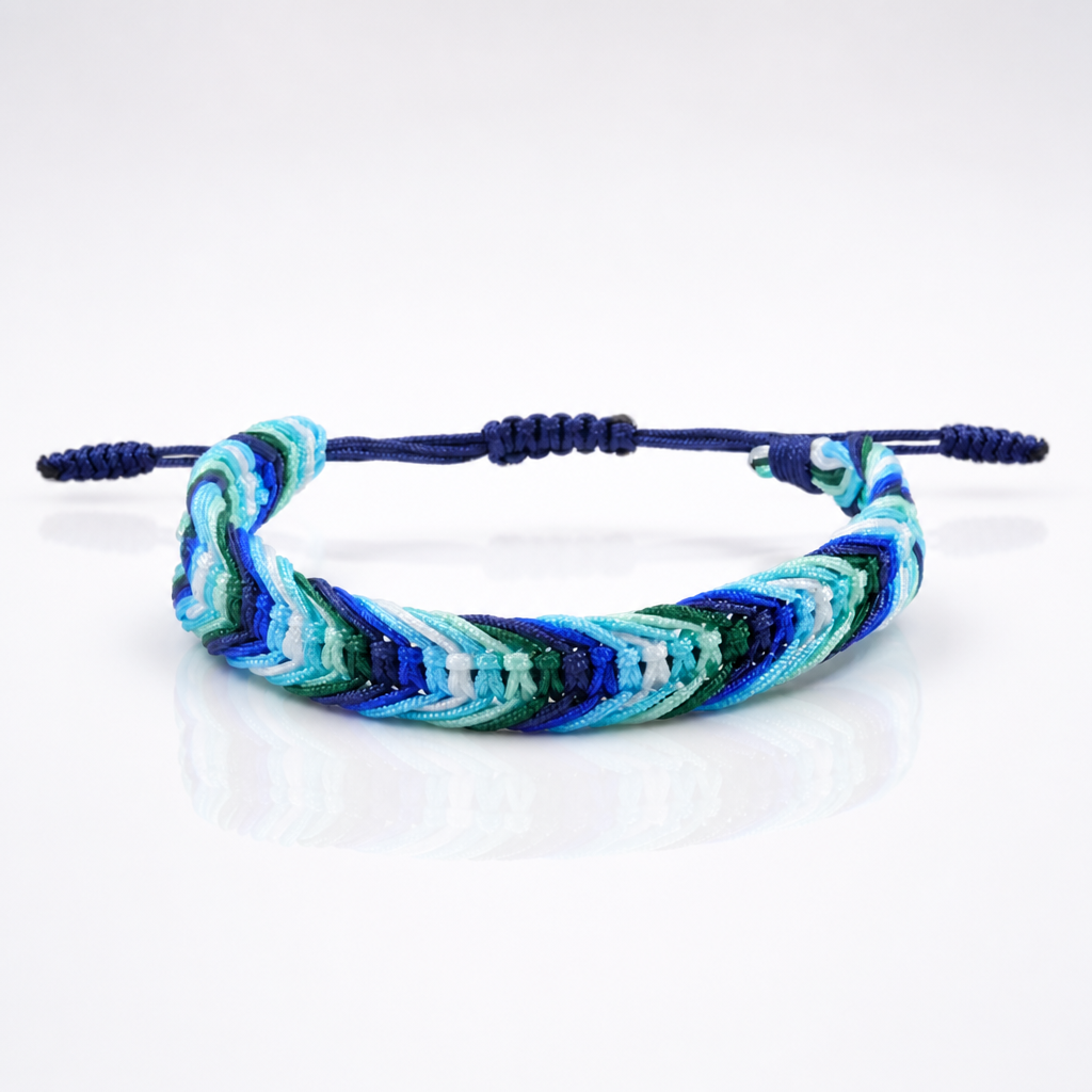 MLM Pride woven cord bracelet featuring blue teal green and white Men Loving Men pride colors with adjustable closure